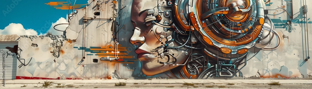 Poster capture a photorealistic, frontal view of a futuristic street art mural blending advanced technologi