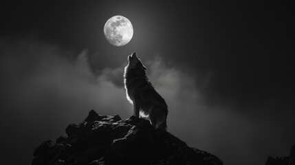 A wolf standing on top of the hill howling at the full moon © boxstock production