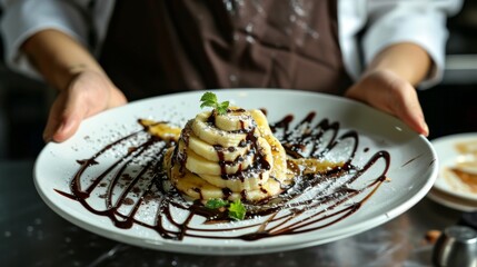 A chef presenting a beautifully plated roti dessert, topped with sliced bananas and drizzled with chocolate sauce, inviting indulgence.