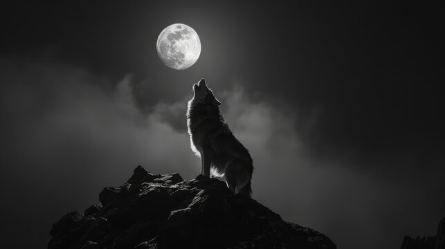 A wolf standing on top of the hill howling at the full moon