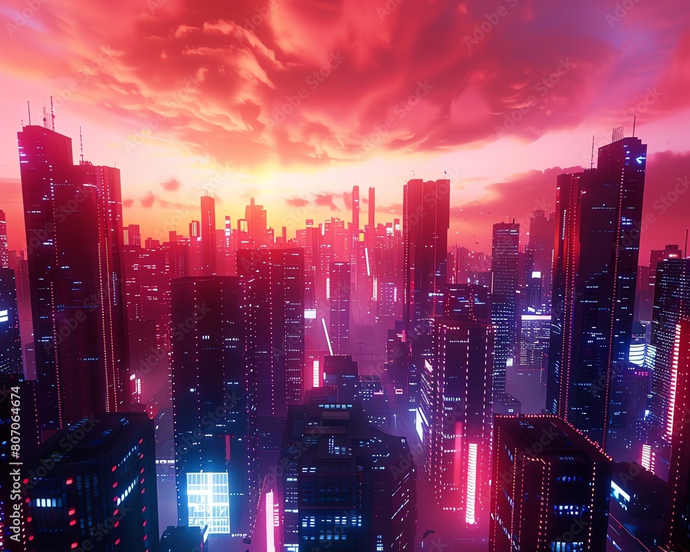 Poster capture a wide-angle view of a metropolis at twilight, merging innovative neon lighting techniques w