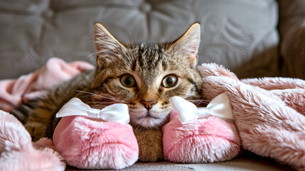 Kitten wearing slippers on pillow