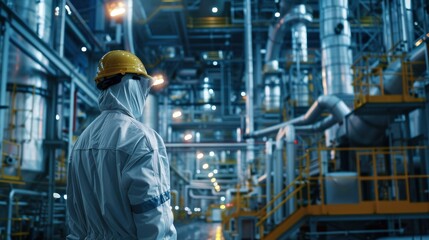 Fototapeta premium Professional Technicians Wear Protective Equipment And Hard Hats In A Large Industrial Setting, Background HD For Designer 