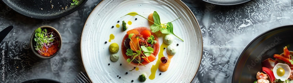 Poster capture the elegance of minimalist culinary art from a birds-eye view utilize unexpected camera angl