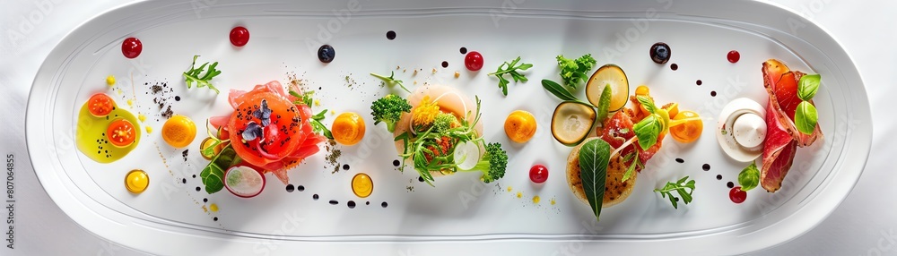 Poster capture the elegance of minimalist culinary art from a birds-eye view utilize unexpected camera angl