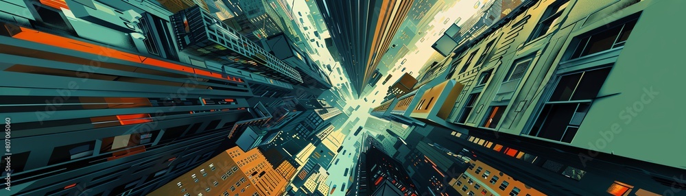 Poster capture the essence of cubism in a digital artwork featuring a rear view perspective of a cityscape 