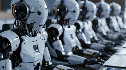 Fototapeta premium Robots Operate In A Call Center, Handling Various Tasks, Background HD For Designer 