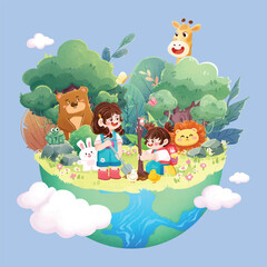 Cartoon earth planting characters forest planting