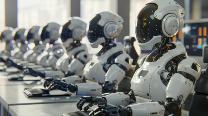 Fototapeta premium Robots Operate In A Call Center, Handling Various Tasks, Background HD For Designer 