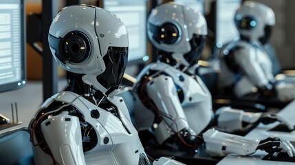 Fototapeta premium Robots Operate In A Call Center, Handling Various Tasks, Background HD For Designer 