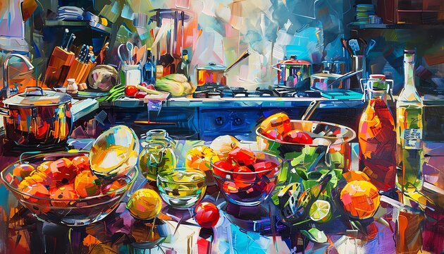 Capture the essence of a beautifully chaotic kitchen scene, showcasing a symphony of colorful ingredients and kitchen tools in a vivid oil painting, evoking the emotional intensity of a chefs creative