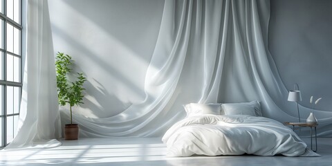 Modern bedroom interior with flowing white curtains, a lush potted plant, and a bed with white bedding