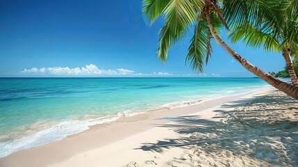 White sand with palm trees and emerald sea. A heavenly place to relax. Luxurious tropical...