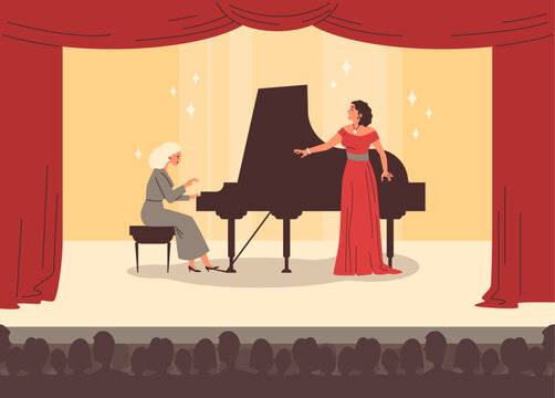 Beautiful woman opera singer in long red dress and musician pianist at piano on scene vector flat illustration, premiere