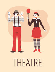 Mime theater artists couple vector flat poster, cartoon actors with white face makeup, comedy pantomime French performer