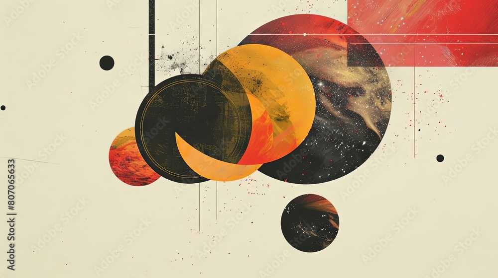 Poster minimalist composition with overlapping circles and cosmic shapes