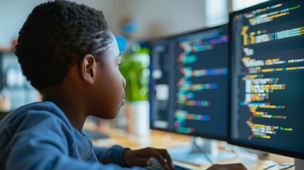 A focused black boy engaging in software development using two computer screens with colorful code.