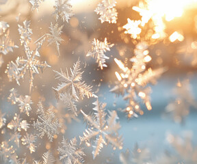 Naklejka premium Frost snowflake on the mirror window panes create a essence of Chrismas and Winter mood and tone at soft beige hues in the morning light.