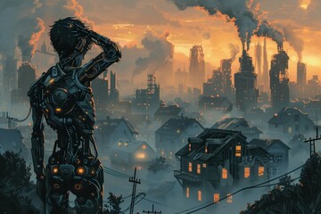 sad cyborg stands with his head propped up on his hand, thinking against the backdrop of city ruins