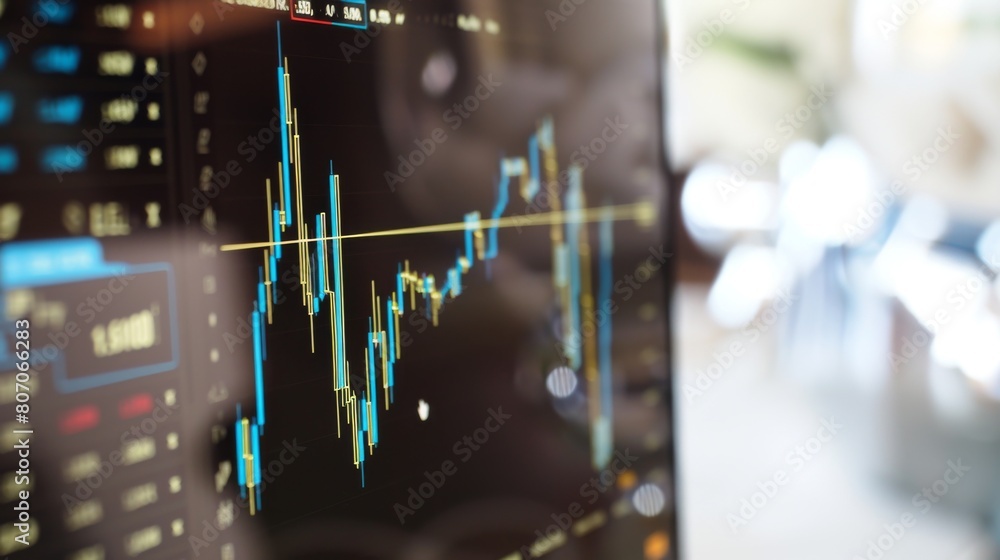 Fototapete A close-up of a computer screen showing a candlestick chart with indicators, representing technical analysis and trading strategies in the stock market.
