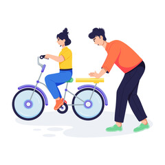 Fototapeta premium A father teaching cycling to kid, flat illustration