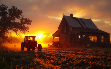 Obraz premium A red tractor is parked in front of a farmhouse. The sun is setting, casting a warm glow over the scene.