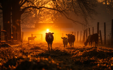 A group of cows are standing in a field with a fence in the background. The sun is setting, casting a warm glow over the scene