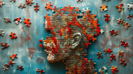 A creatively arranged jigsaw puzzle forms a partial human face, illustrating concepts of identity and complexity