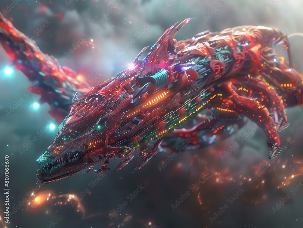 Poster create a dramatic, tilted angle view of mystical creatures seamlessly integrated with futuristic tec