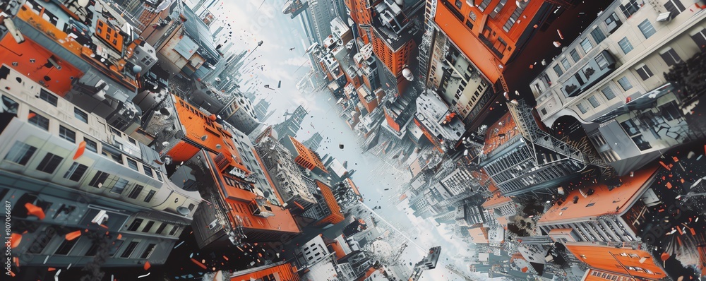 Poster create a dynamic digital artwork showcasing a birds-eye view of an urban landscape transformed by ro