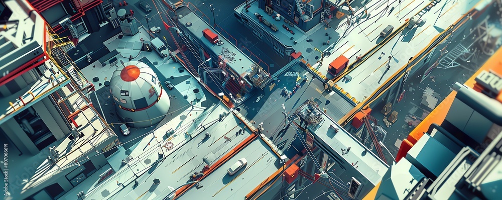 Poster create a dynamic digital artwork showcasing a birds-eye view of an urban landscape transformed by ro