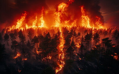 A forest fire is raging, with flames shooting up into the sky. The fire is so intense that it is difficult to see the ground