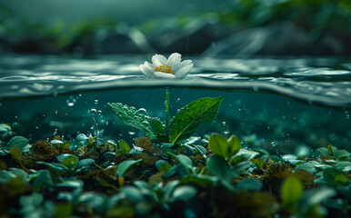 A white flower is floating in a body of water. The water is green and murky. The flower is surrounded by green plants and rocks. - Powered by Adobe