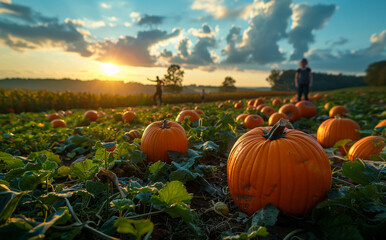 A field of pumpkins with a sunset in the background. The pumpkins are scattered throughout the field