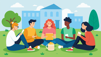 A group of friends sitting on a campus lawn trading ideas on how to minimize expenses while still having a social life.. Vector illustration