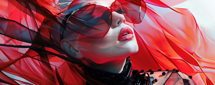 Create a digital artwork featuring a model in avant-garde fashion designs Utilize unexpected camera angles to convey a sense of disorientation, merging with psychological elements like Freudian symbol