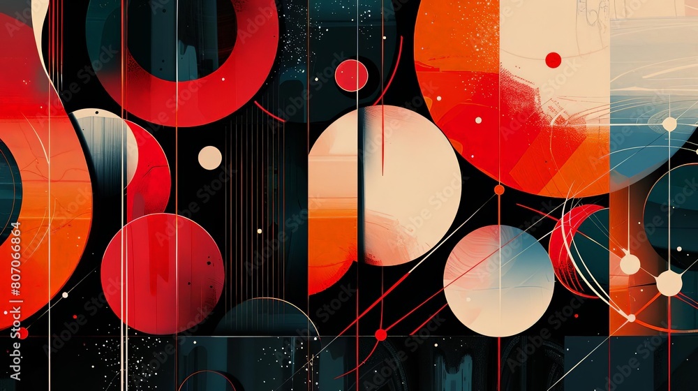 Poster minimalist composition with overlapping circles and cosmic shapes