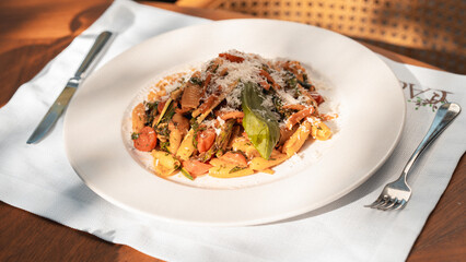 Healthy Mediterranean dishes at an open-air cafe table.
