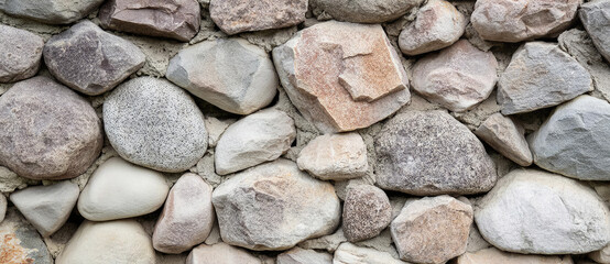 natural stone wall of round stone, front and back background blurred with bokeh effect