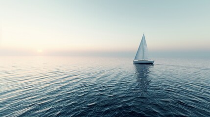 A sailboat is floating on a calm ocean with a beautiful sunset in the background