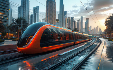 A train is traveling down a track in a city. The train is orange and has a bright light on the front.