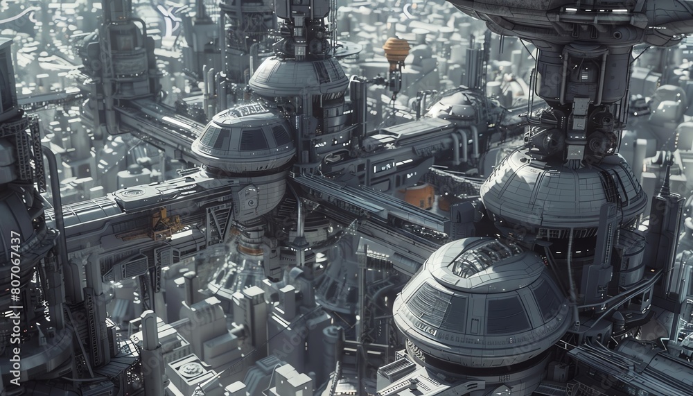 Poster explore a futuristic cityscape with towering robotic structures in a dystopian world, captured from 
