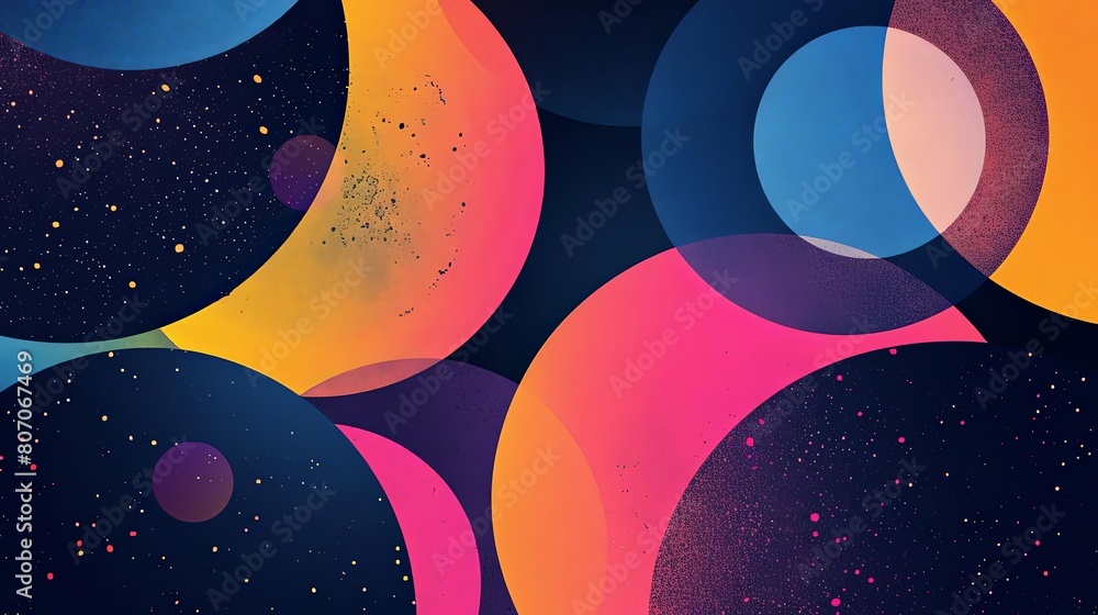 Poster minimalist composition with overlapping circles and intergalactic hues