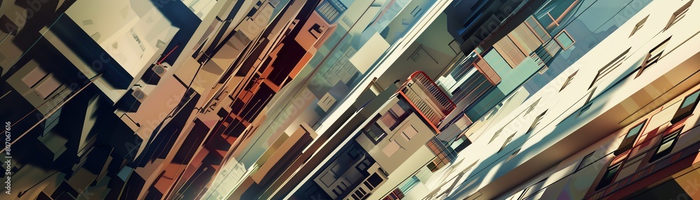 Poster Explore the surreal world of Cubism through an unexpected camera angle that deconstructs a bustling urban cityscape into geometric shapes and fragmented forms, framed by a cacophony of colors and shad