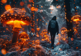 A person walks through a forest with glowing mushrooms. The scene is eerie and mysterious, with the glowing mushrooms casting an otherworldly light.