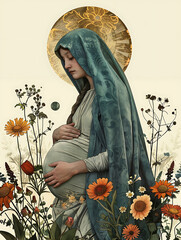 Pregnant Mary, Our Lady Virgin Mary waiting for a baby. Biblical illustration