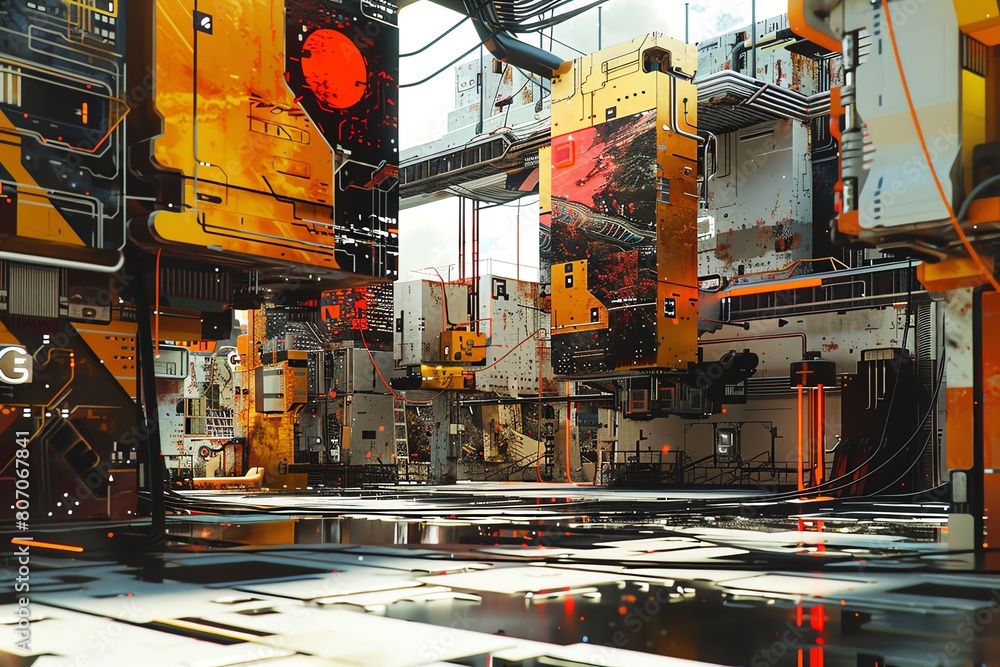 Poster illustrate a cg 3d composition featuring a futuristic cityscape adorned with street art that seamles