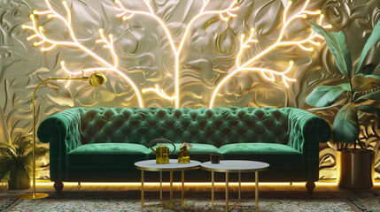 An opulent living room with a green velvet sofa and a stunning wall behind it, showcasing a neon-lit tree pattern. Gold decorations, a minimalist coffee table, 