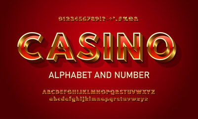Premium gold alphabet with a thin gold outline and a glossy red center in depth. Chic golden glossy 3D font with signs, symbols and numbers. Mega Bonus