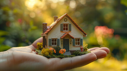 Fingers supporting miniature house model, symbolizing real estate investment.